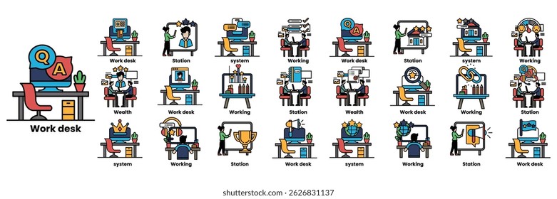 A series of images of people working at a desk. The images are titled with words like Work, Work Desk, Workstation, and Workstation