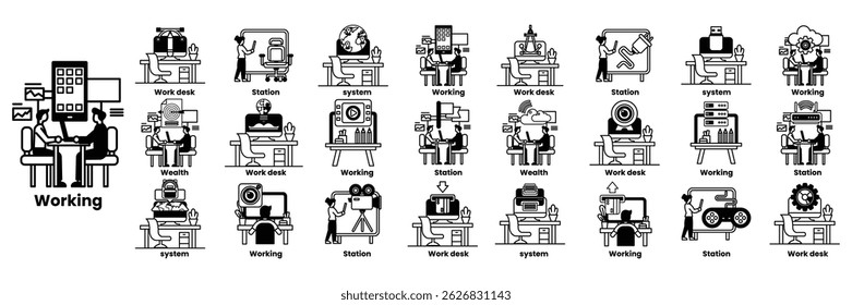 A series of images of people working at a desk. The images are of various people working at a desk with a computer, a keyboard, and a mouse in line drawing style