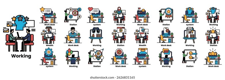 A series of images of people working at a desk. The images are labeled with words such as "Work", "Plan", "Meet", "Meetings", "Project", "Team", "Collaboration", "Teamwork"