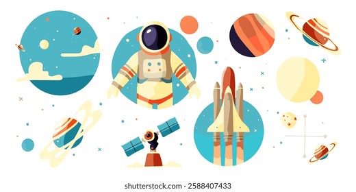 A series of images of space and a man in a spacesuit. The images include a man in a spacesuit, a rocket, a planet, and a satellite. The mood of the images is one of exploration and adventure