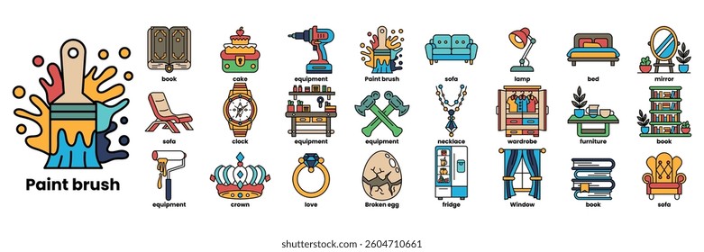 A series of images of various objects and tools, including a paintbrush, a hammer, and a watch