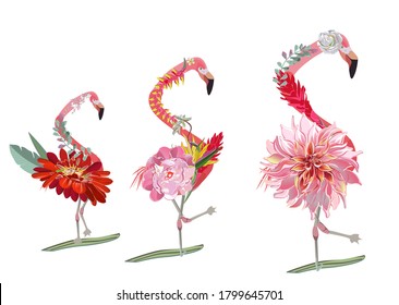 Series of invitation design with summer and spring flowers and leaves. Colorful  floral garlands with peonies, green palm leaves and flamingos. Vector Watercolour style.