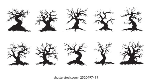 A series of isolated illustrations of twisted trees, rendered in intricate black silhouettes, highlighting various Halloween-themed shapes and artistic forms.