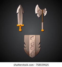 Series of items for game in one style with ornament. Set of cartoon swords, shields and axes for games in drown color. Isolated GUI design elements. Vector illustration. 