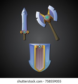 Series of items for game in one style whith wings. Set of medieval cartoon swords, shields and axes for games. Isolated GUI design elements. Vector illustration. 