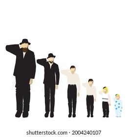 A series of Jewish figures. Dressed in traditional ultra-Orthodox clothes. Cover the eyes with the right hand. And say Jewish prayer.