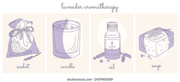 Series of lavender aromatherapy products posters, including a sachet, candle, essential oil, and soap, all rendered in soothing purple lavender  tones. Perfect for promoting relaxation and wellness