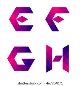 Series of letters e, f, g, h formed by colored triangles. Geometric shape. White background. Isolated.