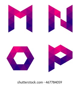 Series of letters m, n, o, p formed by colored triangles. Geometric shape. White background. Isolated.