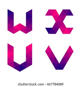 Series of letters u, v, w, x formed by colored triangles. Geometric shape. White background. Isolated.