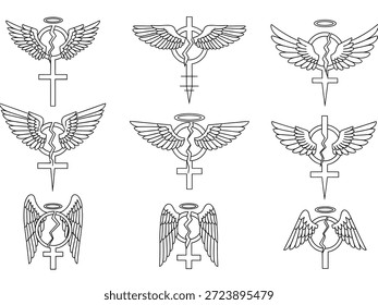 A series of line art illustrations featuring the female symbol combined with angel wings, a halo, and a cross, creating a unique and symbolic design.