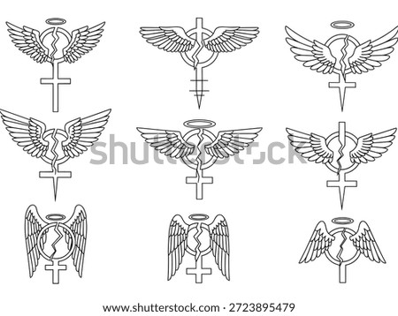A series of line art illustrations featuring the female symbol combined with angel wings, a halo, and a cross, creating a unique and symbolic design.