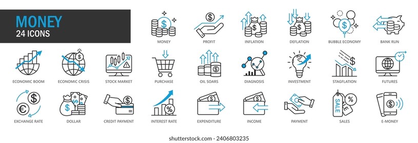 A series of line icons related to money, income and expenditure, inflation, banking and the economy. Business and trade type icons.  Icon vector colle