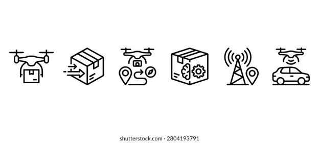 A series of line-style icons representing drone delivery logistics and package transportation on a white background.