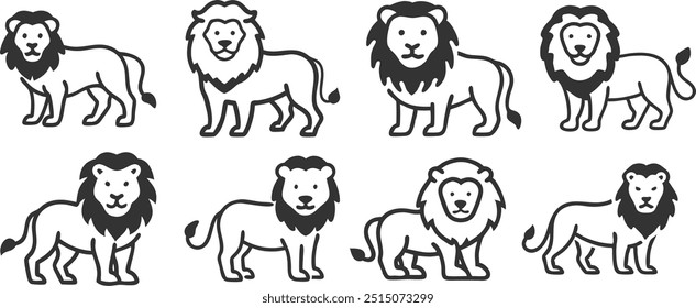 A series of lions are standing in a row, with each one having a different expression. The lions are all black and white, and they are all facing forward. Scene is lighthearted and playful