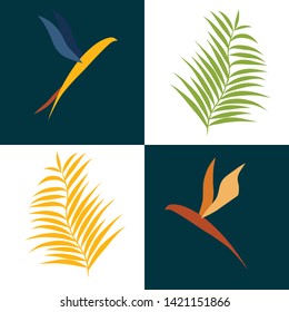 A series of logos with birds and a branch with leaves against the blue and white squares. Colors change easily.