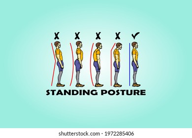 Series of a man showing incorrect and proper standing posture. Hand drawn vector illustration.