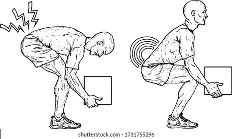 Series of a man showing the proper method to lift heavy-load. Hand drawn vector illustration.