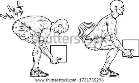 Series of a man showing the proper method to lift heavy-load. Hand drawn vector illustration.