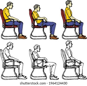 Series of man showing proper sitting posture against bad sitting posture. Hand drawn vector illustration.