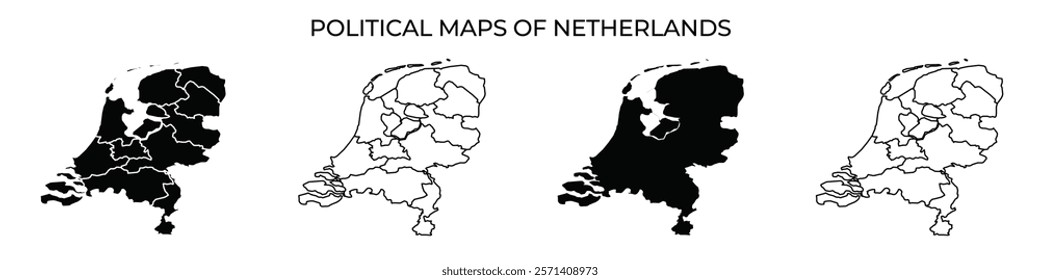 A series of maps illustrating political divisions of the Netherlands, showcasing different regions in contrasting colors. Each map represents specific territorial boundaries.