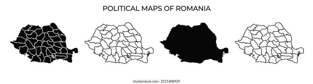 A series of maps presents the administrative divisions of Romania. Each map displays various outlines highlighting specific regions and boundaries for reference.