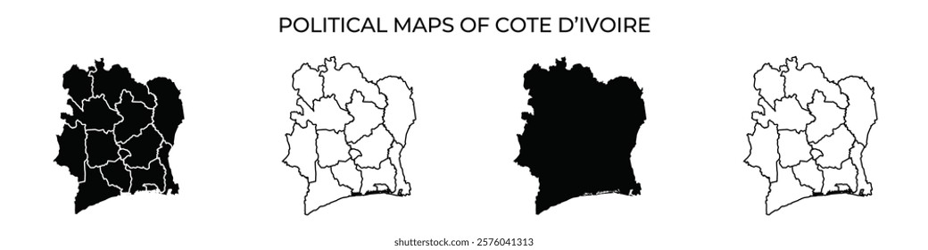 A series of maps showcasing the evolving political divisions of Cote dIvoire. Each map highlights different regions and boundaries, emphasizing geographical changes and their implications.