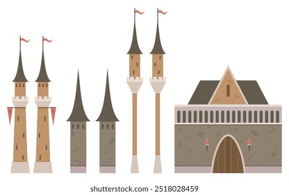 A series of medieval castle elements including two tall towers with flags, three conical-roof towers, two tall watchtowers with flags, and a large gatehouse. Ideal for historical themes, medieval