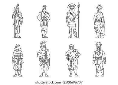 A series of men in ancient Roman garb. The men are standing in a row, with some of them holding swords. The image is in black and white and has a classic, historical feel to it