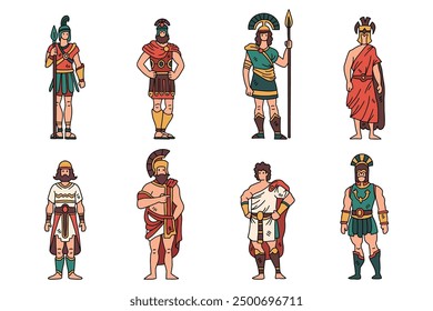 A series of men in ancient Roman garb. The men are standing in a row, with some of them holding swords. The image is in black and white and has a classic, historical feel to it