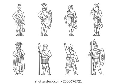 A series of men in ancient Roman garb. The men are standing in a row, with some of them holding swords. The image is in black and white and has a classic, historical feel to it