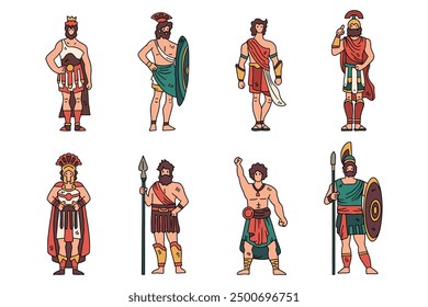 A series of men in ancient Roman garb. The men are standing in a row, with some of them holding swords. The image is in black and white and has a classic, historical feel to it