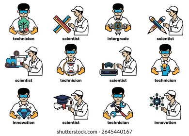 A series of men in white lab coats with various titles such as Scientist, Technician, and Innovator