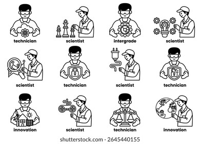 Uma série de homens em camisas brancas e chapéus, cada um com um título de trabalho diferente. A imagem pretende representar a diversidade das profissões e a importância de cada uma delas