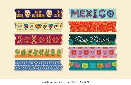 A Series of Mexico Themed Digital Washi Tape Vector Design. Celebrating Traditional Element Sticker.