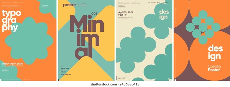 Аシリーズのミニマルなレトロなポスターデザインは、それぞれ異なる幾何学的図形と柔らかいカラーパレットを特徴とするタイポグラフィに焦点を当てており、主にオレンジ、ティール、茶色の色合いです。のベクター画像素材