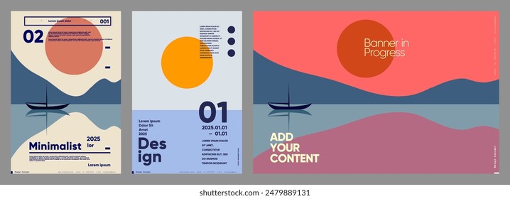 Eine Serie minimalistischer Vektorgrafik-Poster mit beruhigenden nautischen Themen, abstrakten Formen und anpassbaren Textbereichen für eine ruhige und moderne Designästhetik.