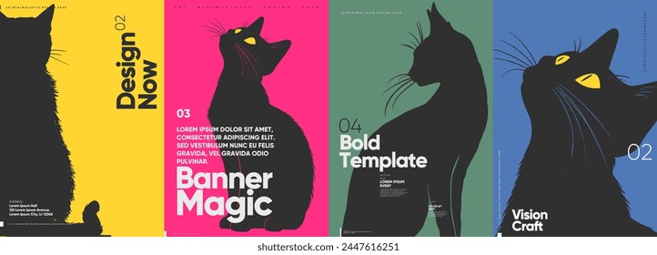 A series of minimalistic posters featuring black cat silhouettes with contrasting typography.