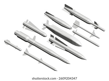 A series of missiles are shown in various sizes and shapes. Concept of military power and technological advancement