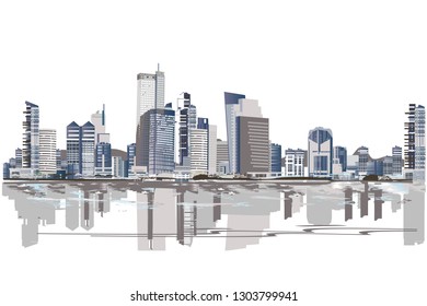 Series of modern city views with skyscrapers and shopping centers. Set of corporate identity templates, business style. 