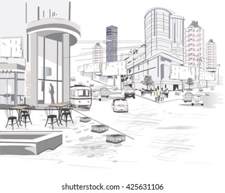 Series of modern city views with skyscrapers and shopping centers. Hand drawn vector illustration.