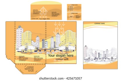 Series of modern city views with skyscrapers and shopping centers. Set of corporate identity templates, business style. 