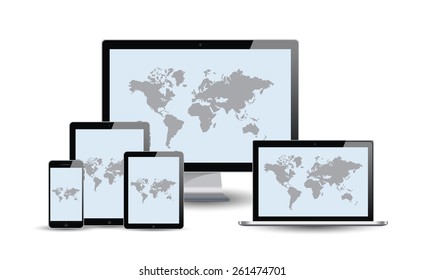 Series of Modern Digital devices Electronic vector. Map background. Vector illustration.