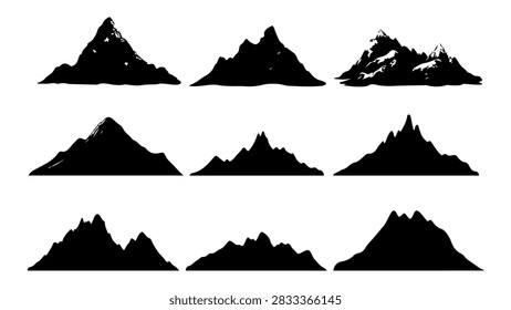 A series of mountain silhouettes showcasing diverse peaks and ridges in a monochrome style, emphasizing natural landscapes and geological formations.