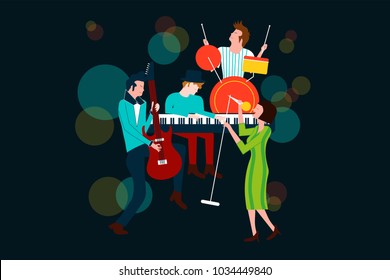 Series of music concert composition with men and women singing and playing electric guitar, piano and drum - Colorful vector illustration isolated on blue background