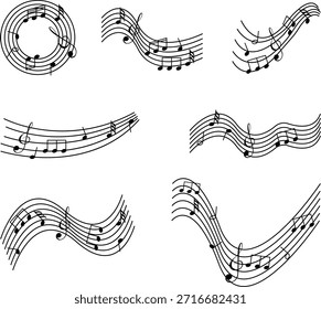 Uma série de notas musicais em forma de onda, ilustrando o fluxo e o ritmo do som, perfeito para música e projetos relacionados ao áudio.