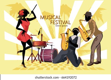 Series of musical backgrounds with musicians and dancers. Jazz poster. Hand drawn vector.