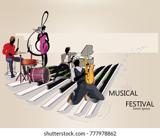 Series of musical backgrounds with musicians and dancers. Jazz poster. Hand drawn vector.