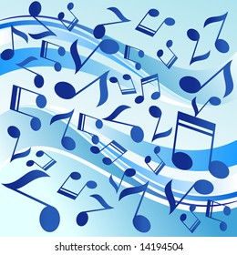 Series of musical dancing notes on blue background, illustration.