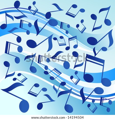 Series of musical dancing notes on blue background, illustration.